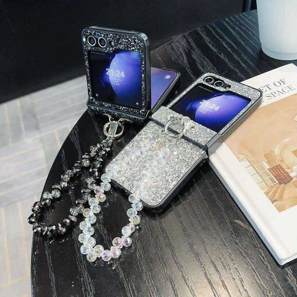 PU Leather Bling Glitter Cover with Bead Wrist Chain Strap Bracelet For Samsung Galaxy Z Flip 6 5 4 3 Phone Case