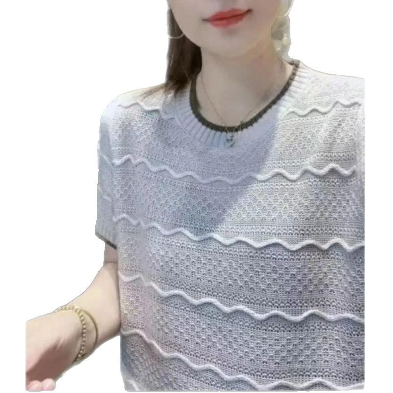 Summer Round Neck Knitted T-shirt Striped Hollow Ice Silk Knitted Short Sleeved T-shirt for Women