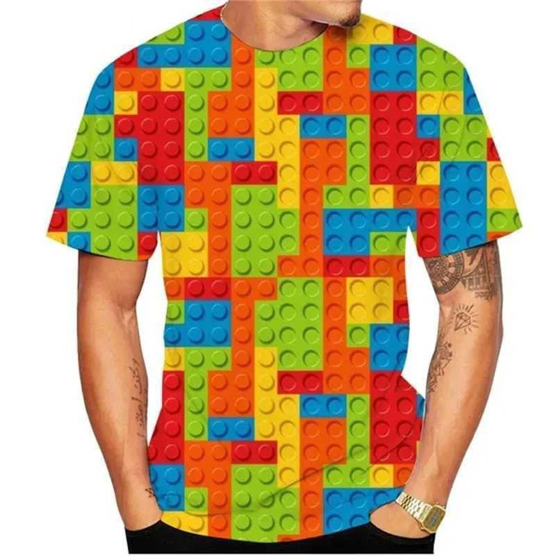 Summer Round Neck 3D Building Blocks Pattern Print T-shirts Fashionable Casual Short Sleeved Men's T-shirts