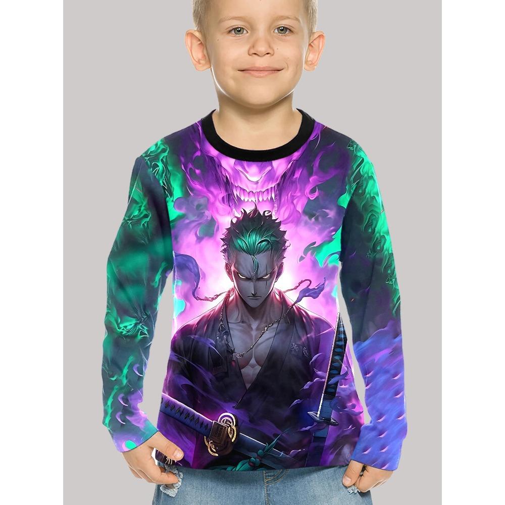 

Anime One Pieces Luffy Zoro Children s 3D Digital Printing Boys Fashionable and Casual Round Neck Long Sleeved T-shirt 170 фиолетовый