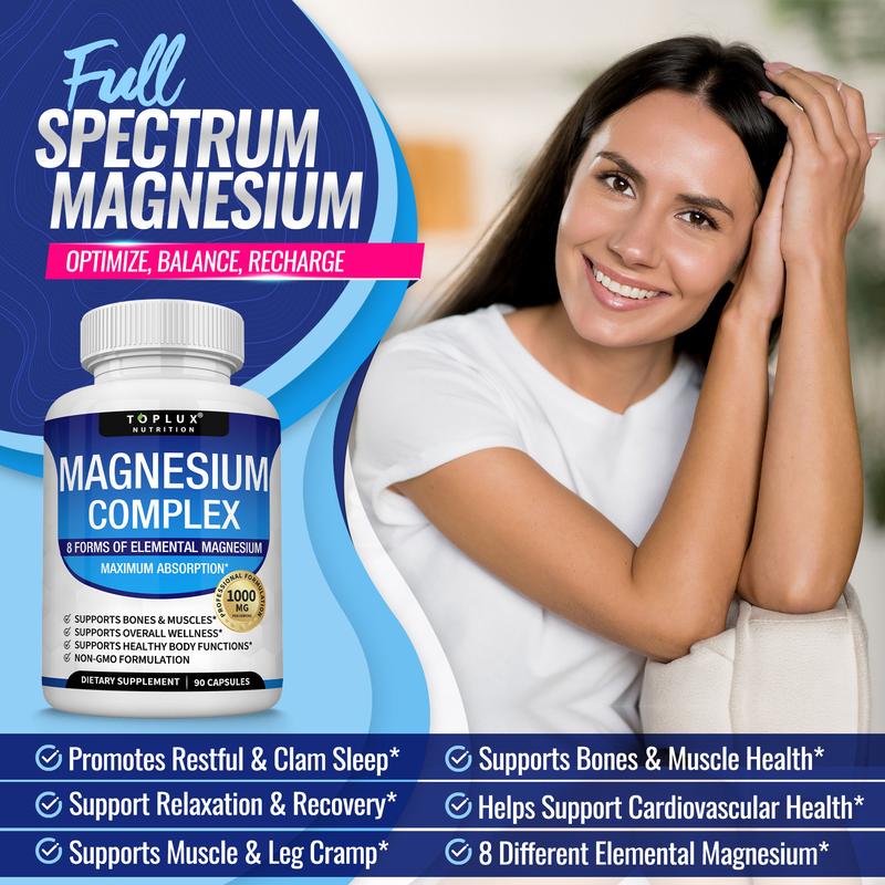 Magnesium Complex Supplement 8 Elemental 1000mg - Taurate, Chelated for Easy Absorption for Bones, Muscle, Recovery, Energy, Vegan Non-GMO 90 Capsules