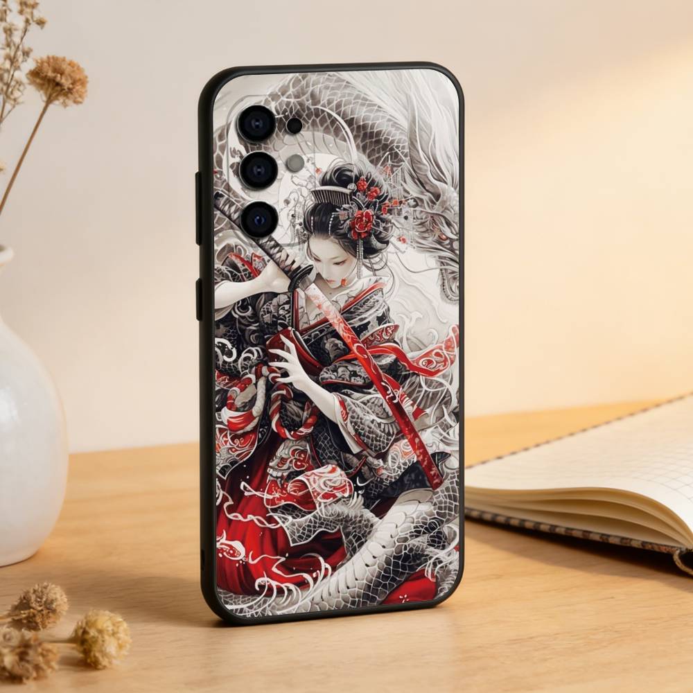 Samurai Warrior Geisha Phone Case For Samsung S25,S24,S21,S22,S23,S30,Ultra,S20,Plus,Fe,Lite,Note,10,Black Cover