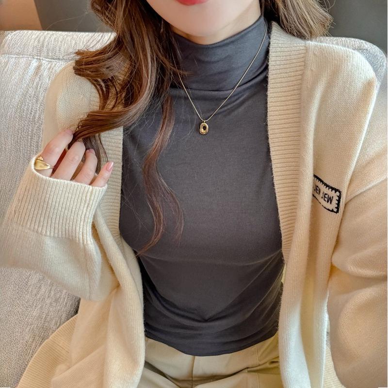 

Женский облегающий топ с полувысоким воротником средней высоты и длинными рукавами, базовый слой, обтягивающая однотонная футболка для весны, осени и зимы S