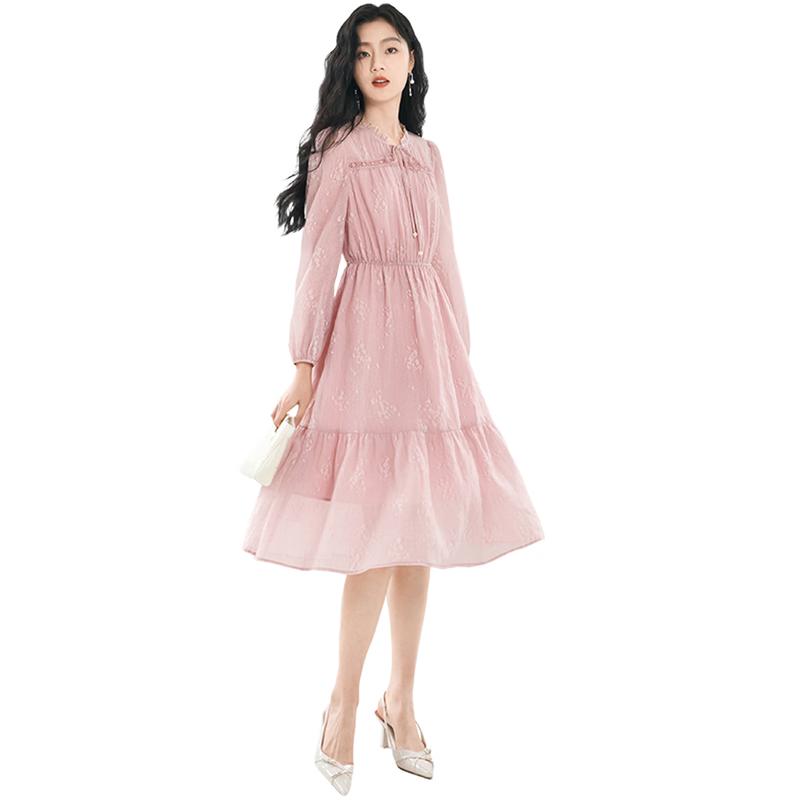 Xiangying Floral Ruffle Collar Long Sleeve Dress S