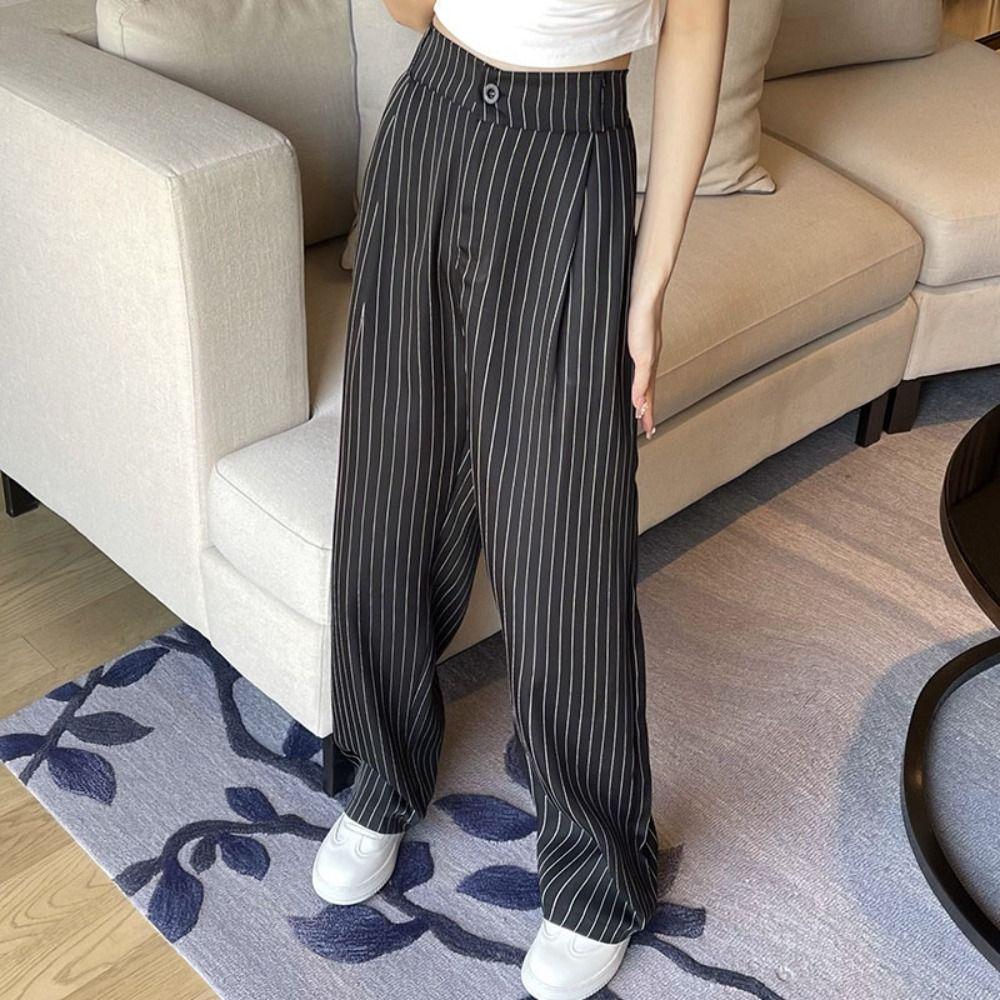 Workout Trousers Casual Pants Women High Waist Wide Leg Pants Breathable Striped Suit Pants Female