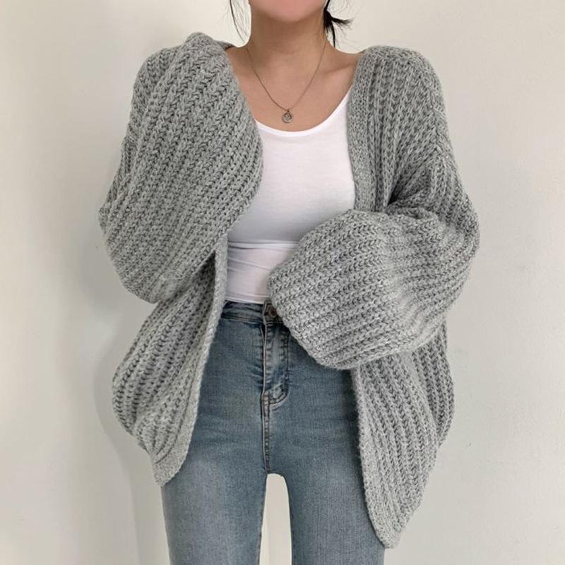 Plus-size Woman 2026 New Fashion Tide Loose Lantern Sleeve Knitted Cardigan Sweater Jacket Coat