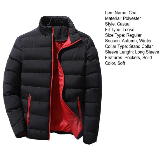 Men Parkas Solid Color Padded Stand Collar Long Sleeve Loose Thickened Autumn Winter Zipper Pockets Jacket Streetwear