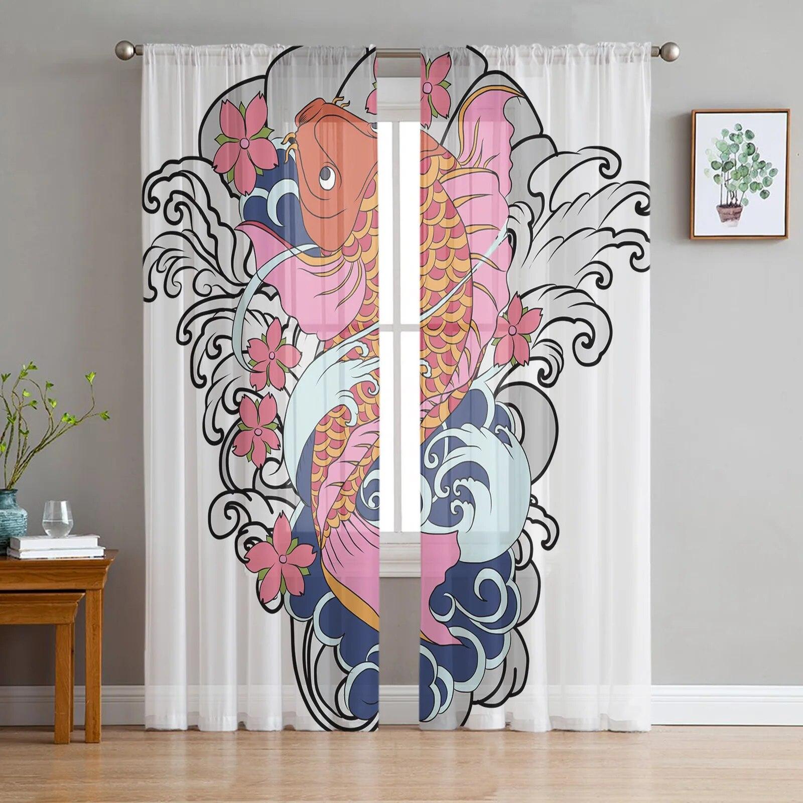 

Cartoon Fish Tulle Sheer Curtains for Living Room Kitchen Children Bedroom Voile Hanging Window Drapes W135 x H114cm