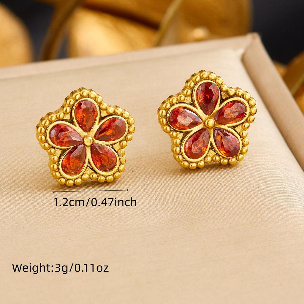Gold-Plated Rhinestone Glass Flower Jewelry Set with Color Accents