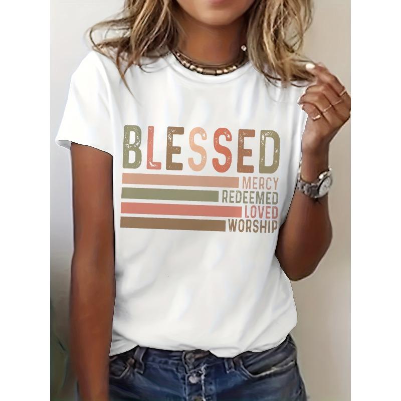 

European sizes Long Sleeve Basic Tees for Women Featuring Blessed, Positive Words, Mercy, And Worship, Perfect for Holiday Wear. 4XL білий