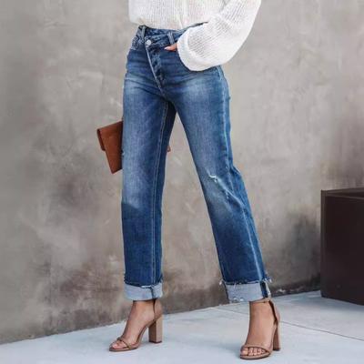 Women Pants Button Zipper Fly Straight-Leg Design Denim Pants with Pockets