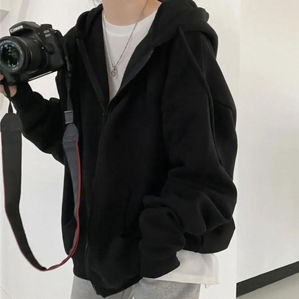 Men's Solid Hoodies Coat Harajuku Basic Long Sleeve Spring Autumn Loose Zip Up Casual Oversized Sweatshirts Jacket with Pocket