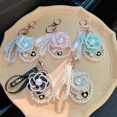 Chaveiro de Carro Camélia Pérola Estilo Coreano Acessórios com Argola de Chaveiro de Metal Pingente Decorativo para Bolsa Feminina Presentes de Feriado