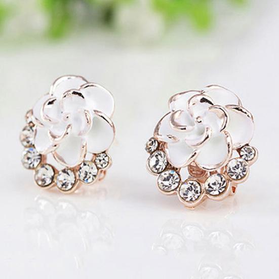 Women Peony Camellia Flower Rhinestones Alloy Ear Stud Earrings Party Jewelry