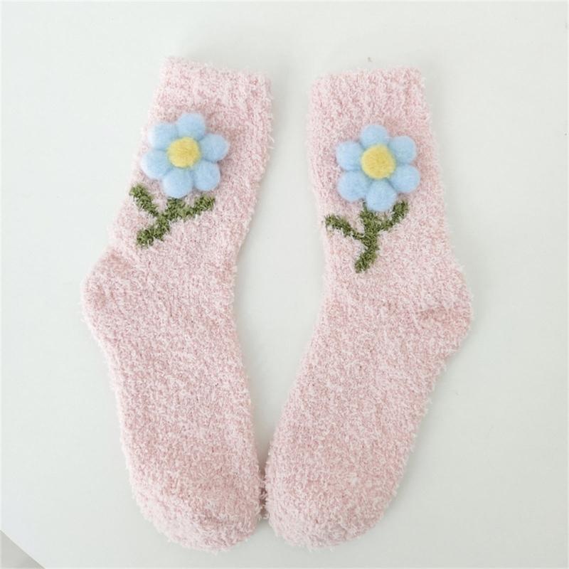 Japanese Women Girl Cute Coral Fleece Slipper Socks 3D Plush Flower Thicken Warm Thermal Fuzzy Floor Sleeping Socks