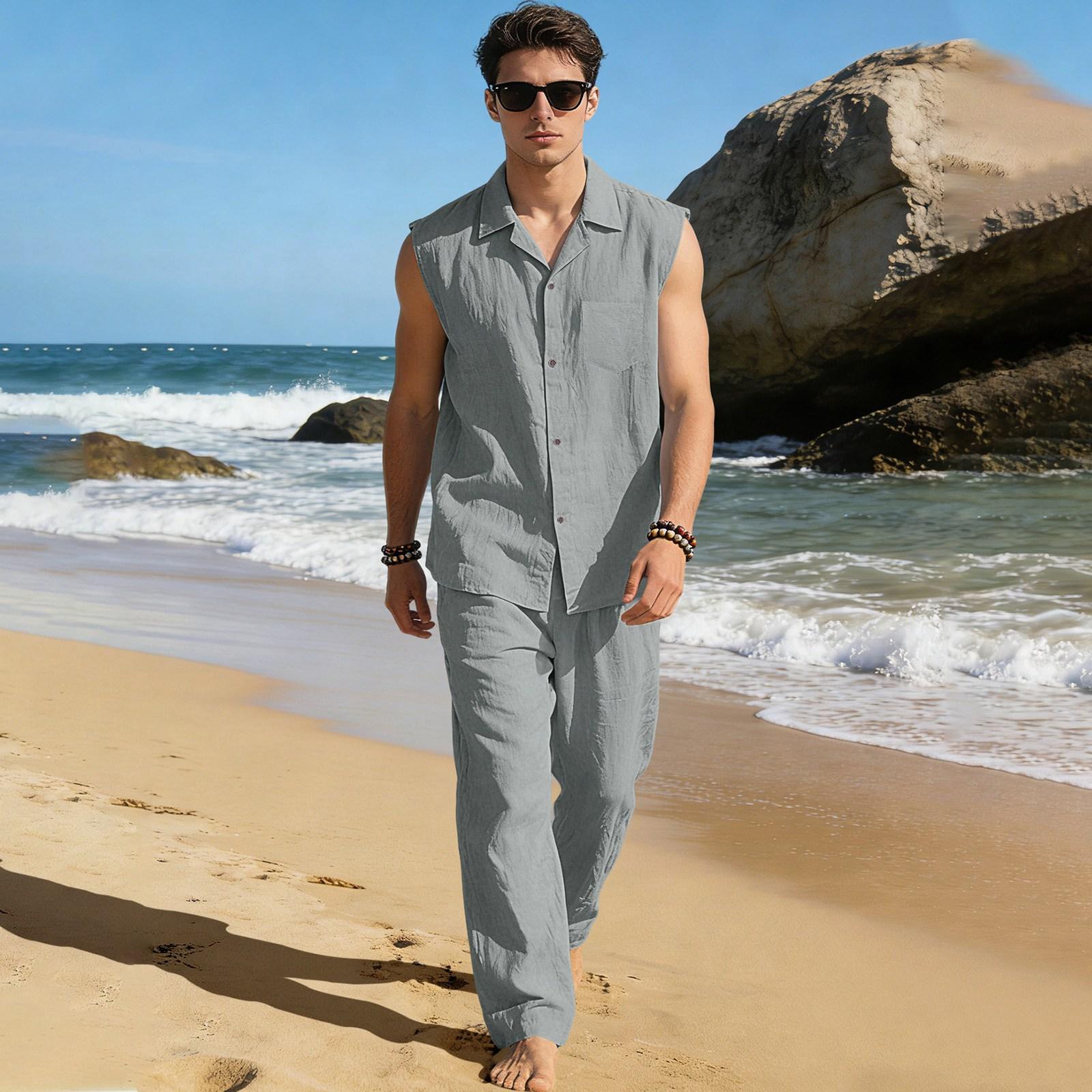 

Men Sleeveless Shirt and Pants Set Linen Fabric Lightweight Button Front Collar Shirt with Loose Fit Trousers Summer Casual Outfit M