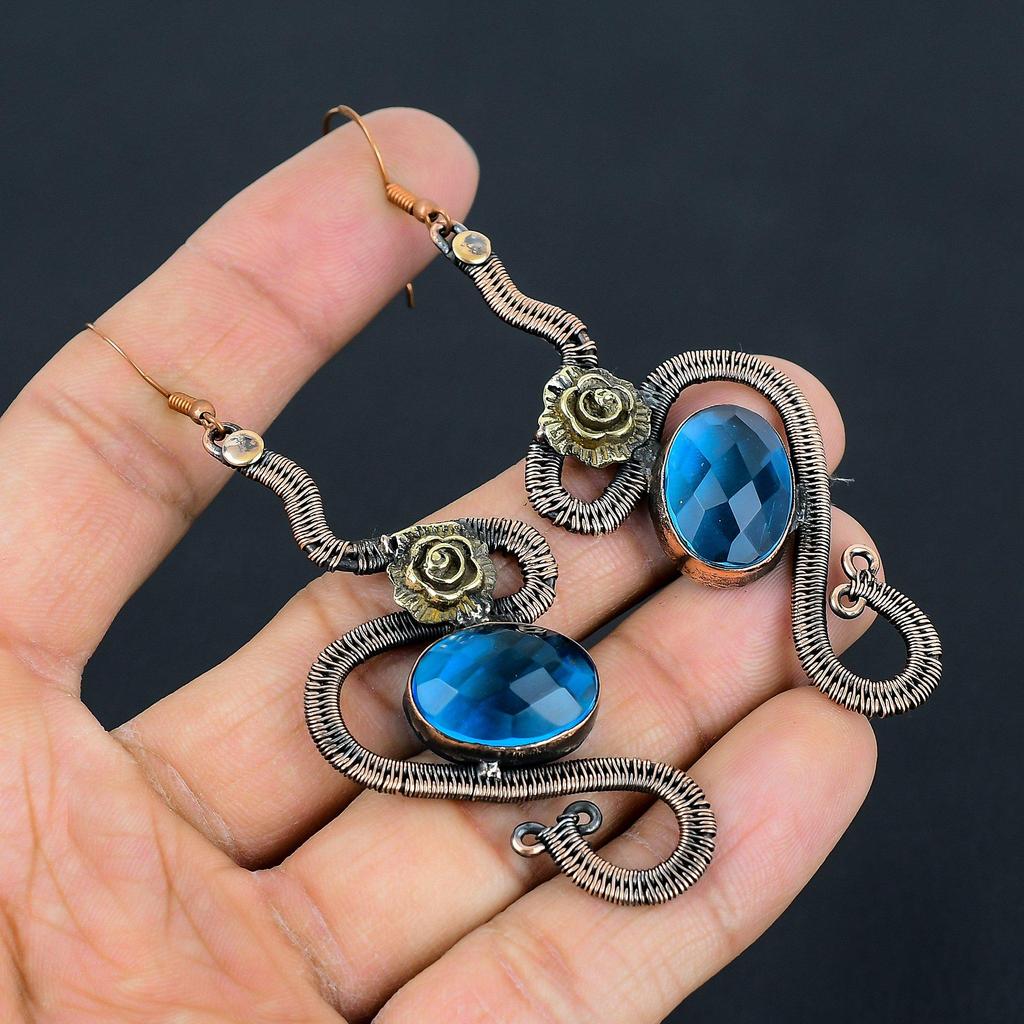 Faceted Blue Topaz Earrings, 999 Copper Wire Wrapped Earrings Handmade Gemstone Jewelry, Gifts For Wife Brand New Earrings