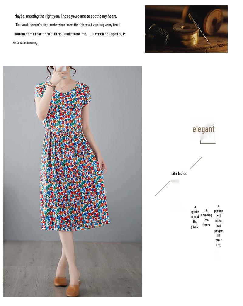 2025 Summer Floral Cotton-Silk A-Line Dress: Women's Short Sleeve, Loose Waist, Slimming Tie Mid-Length