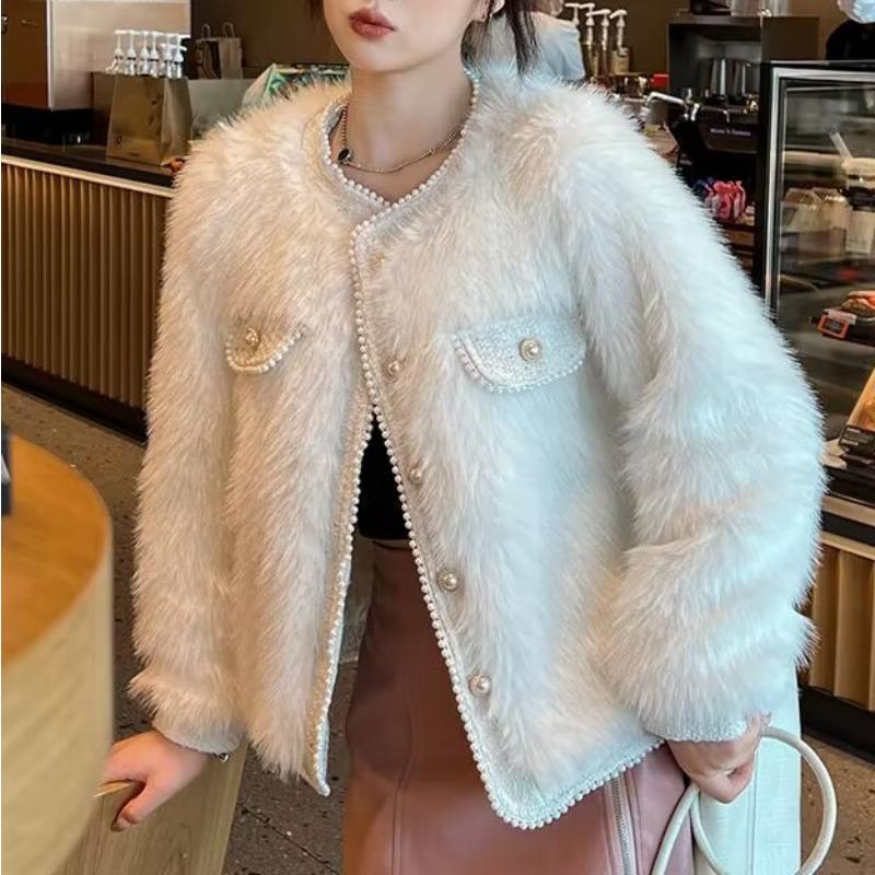 French High-end Coat for Women In Autumn and Winter, New Style, Loose Round Neck, Thickened Imitation Fox Fur Cardigan Top, Trendy