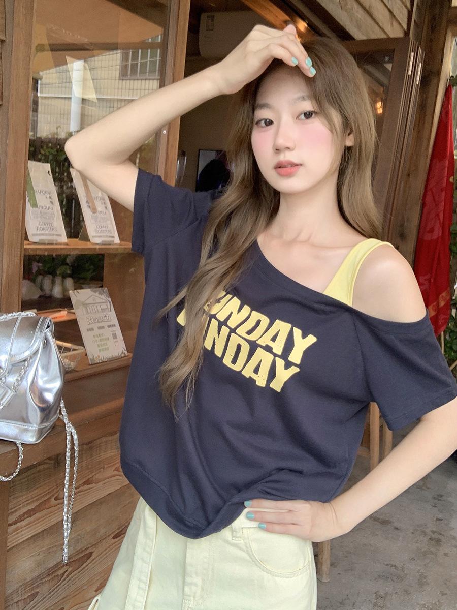 Blue dopamine slanted shoulder off-shoulder short-sleeved t-shirt women s summer new fashion letter print sexy top S темно-синий