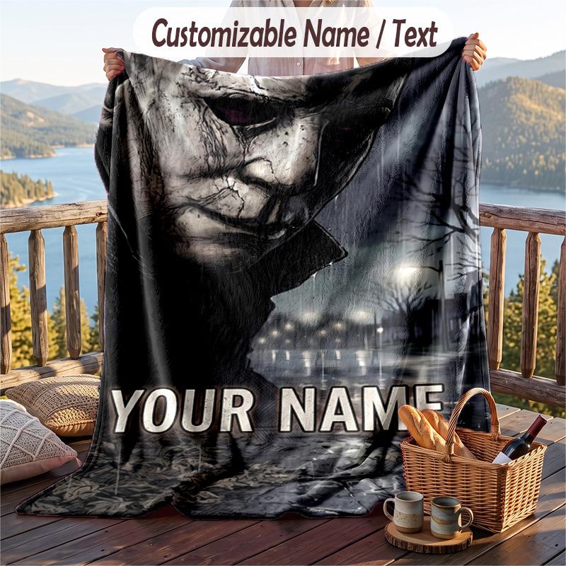 Custom Text Flannel Throw Blanket, Lightweight Cozy Bed Sofa BlanketHalloween Michael Myers
