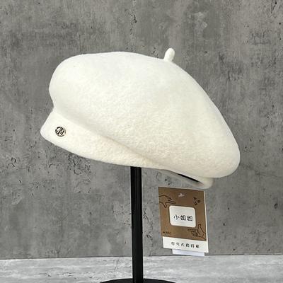 Elegant Big Hat With Small Folds On The Face Painter Hat Women'S Warm Simple Solid Color Wool Beret