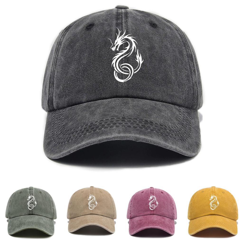 Dragon Print Washed Distressed Soft Top Outdoor Sunshade Baseball Cap for Men and Women Versatile Baseball Cap