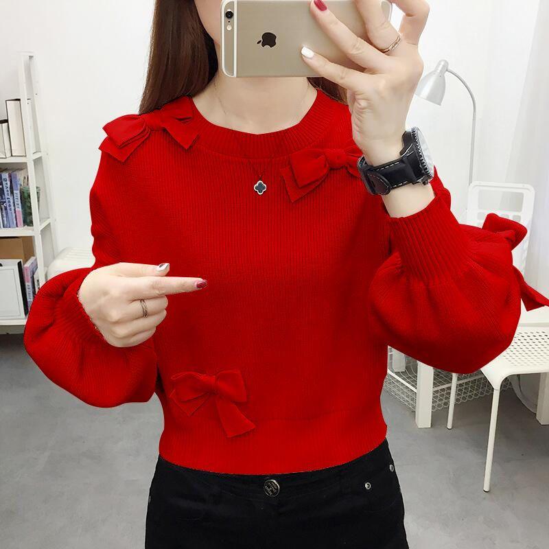 

Женский вязаный топ весна осень корейский стиль свободный рукав-фонарик свитер с длинным рукавом пуловер женский круглый вырез базовый слой 2XL красный
