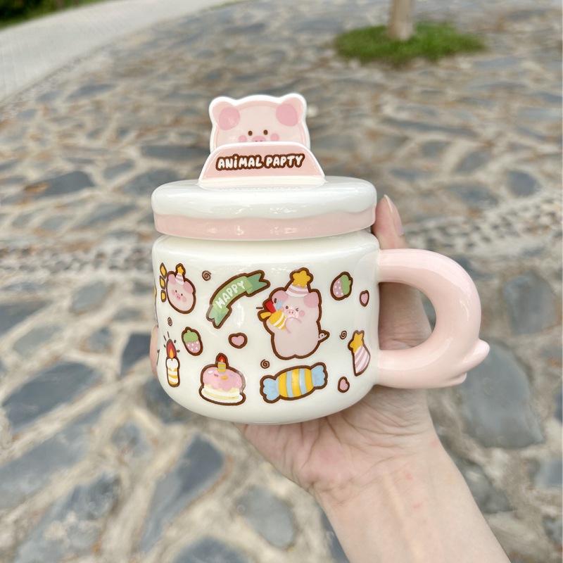 Mobile Phone Holder Mug With Lid Cartoon Animal Water Cup Gift Box Cute High-Value Household Drinking Water Ceramic Cup