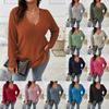 Top informal de punto acanalado vertical de manga larga con cuello en V para mujer, holgado, talla grande