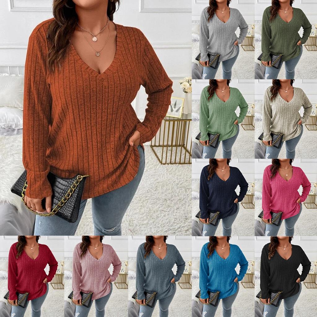 Top informal de punto acanalado vertical de manga larga con cuello en V para mujer, holgado, talla grande