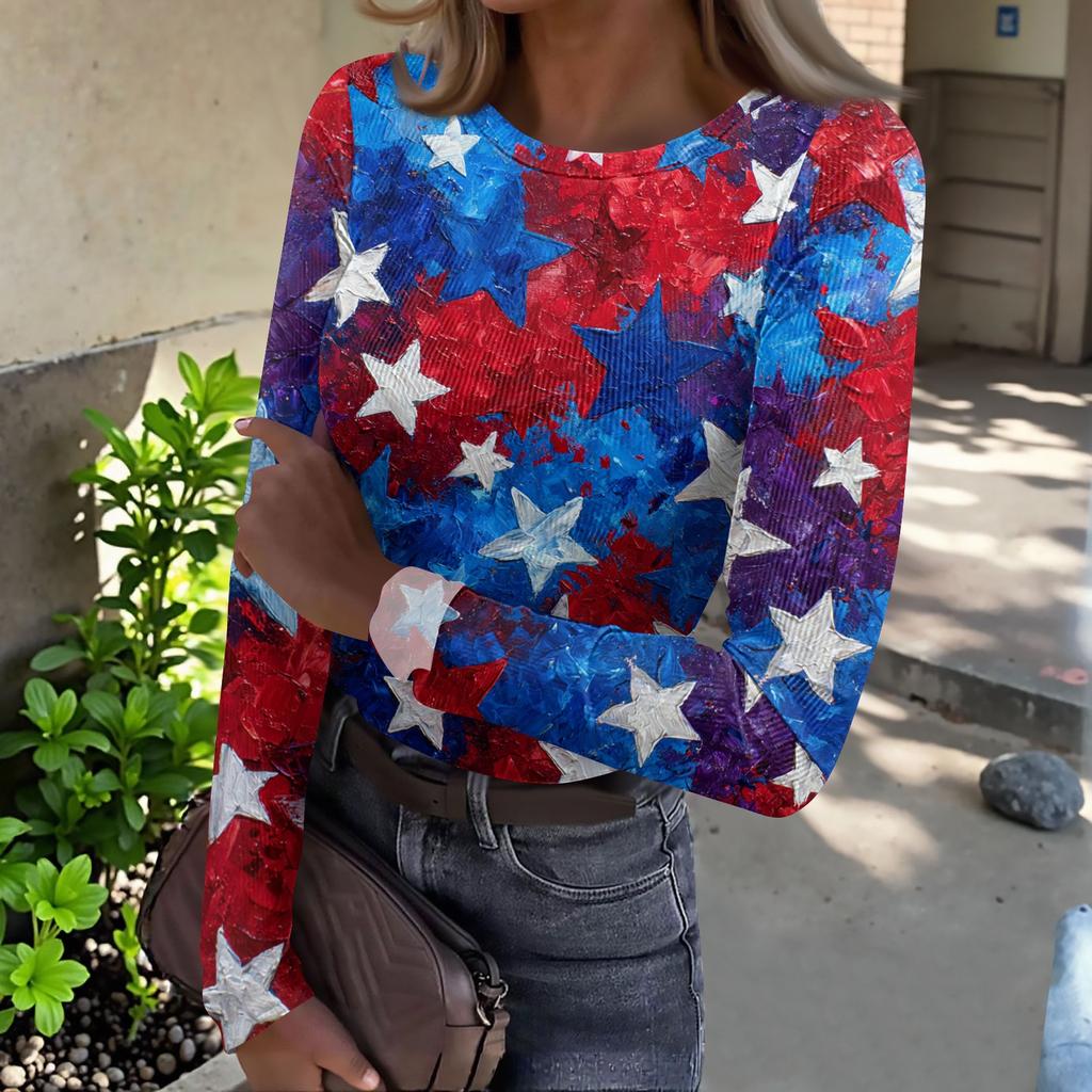 Women's Casual Fashion Round Neck Independence Day Print Long Sleeve Ribbed Top