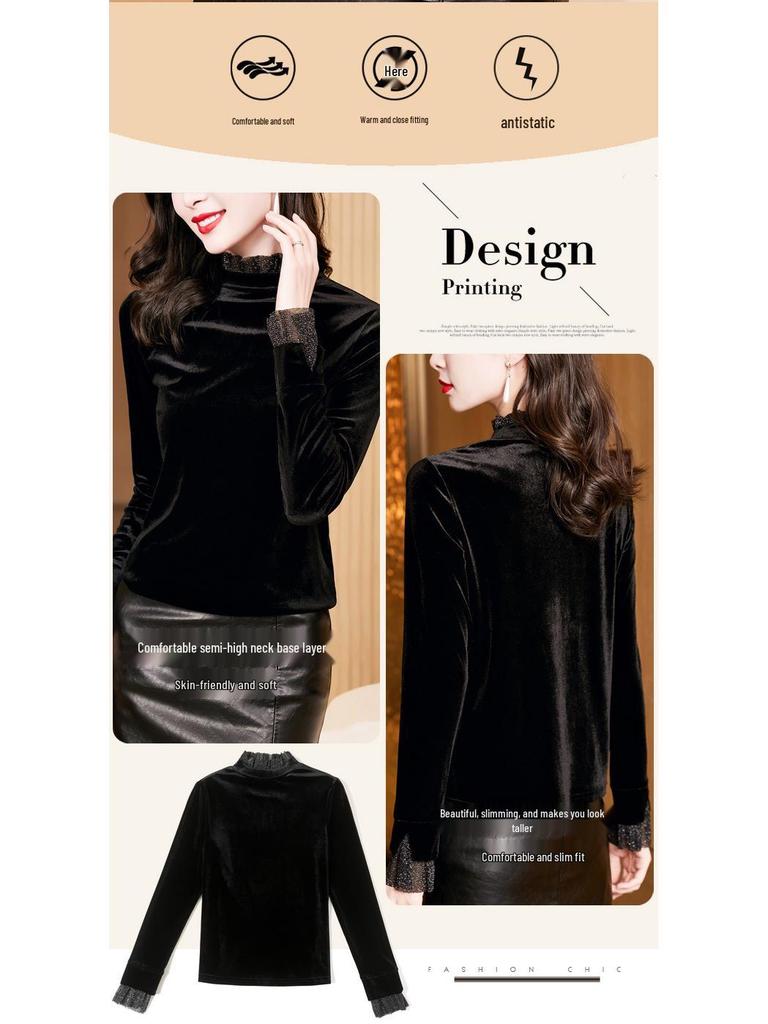 Elegant Black Velvet Top: Stand Collar, Silk Mesh Sleeves, Versatile Women's Base Shirt
