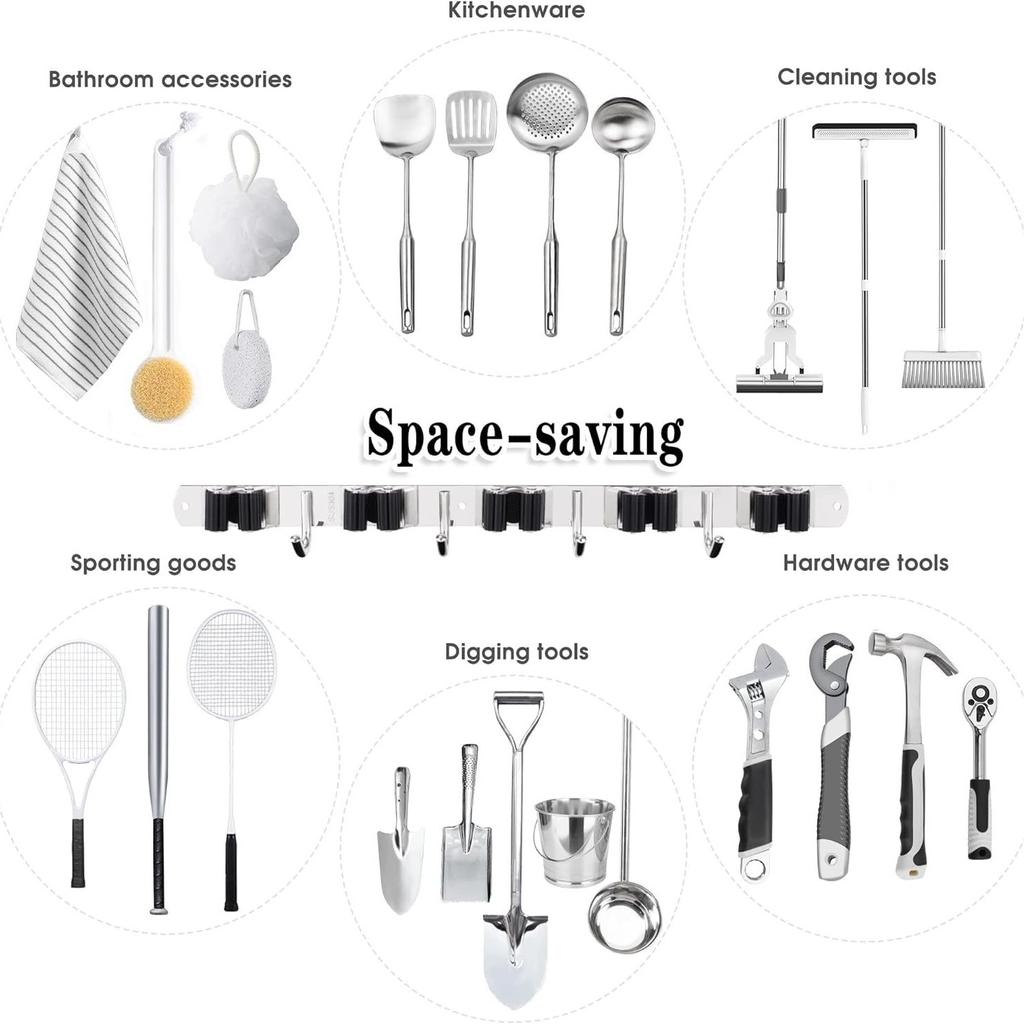 Wall Mount Mop Organizer Holder Broom Hook Stainless Steel Storage Hook Kitchen Bathroom Organization Accessories