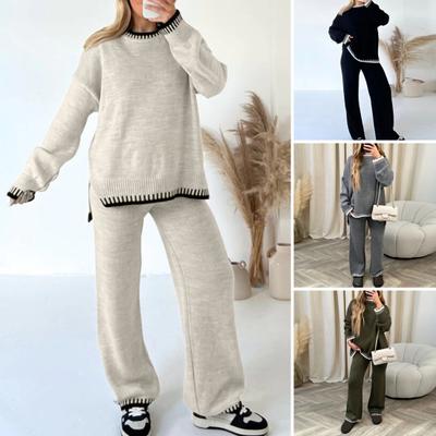 Women Striped Knit Sweater Wide Leg Pants Set Split Pullover Tops Elastic High Waist Straight Pants Two Piece Set Lounge Wear Tracksuits for Winter