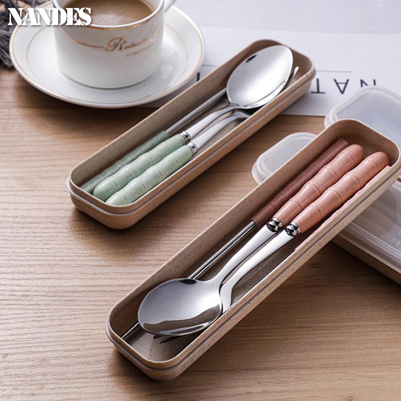 3pcs Set Stainless Steel Portable Fork Spoon Chopstick Student Cutlery Set with Box Travelling Dinnerware Set