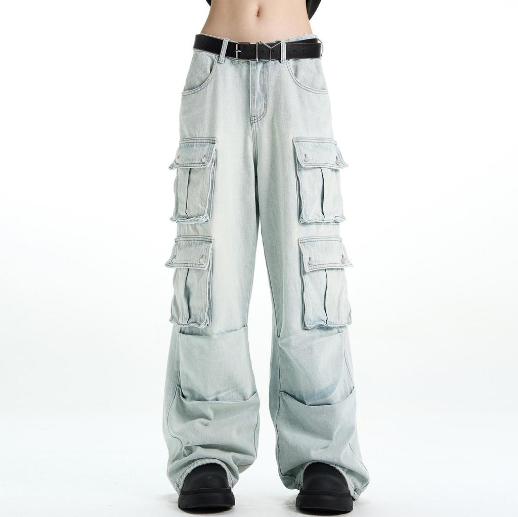 Unisex Light Wash Wide-Leg Workwear Jeans with Multi-Pocket Heavy-Duty Design