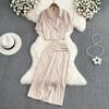Ladies Suit Retro Lapel Loose Puff Sleeve Short Suit Jacket Two Piece High Waist Slit Skirt