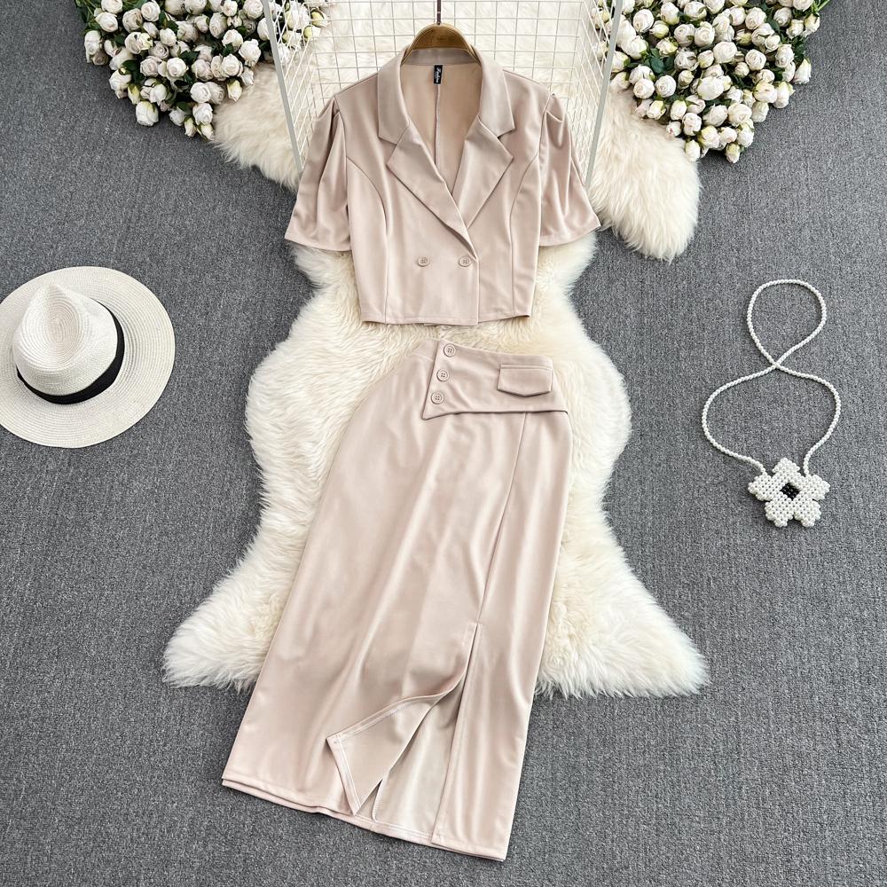 Ladies Suit Retro Lapel Loose Puff Sleeve Short Suit Jacket Two Piece High Waist Slit Skirt
