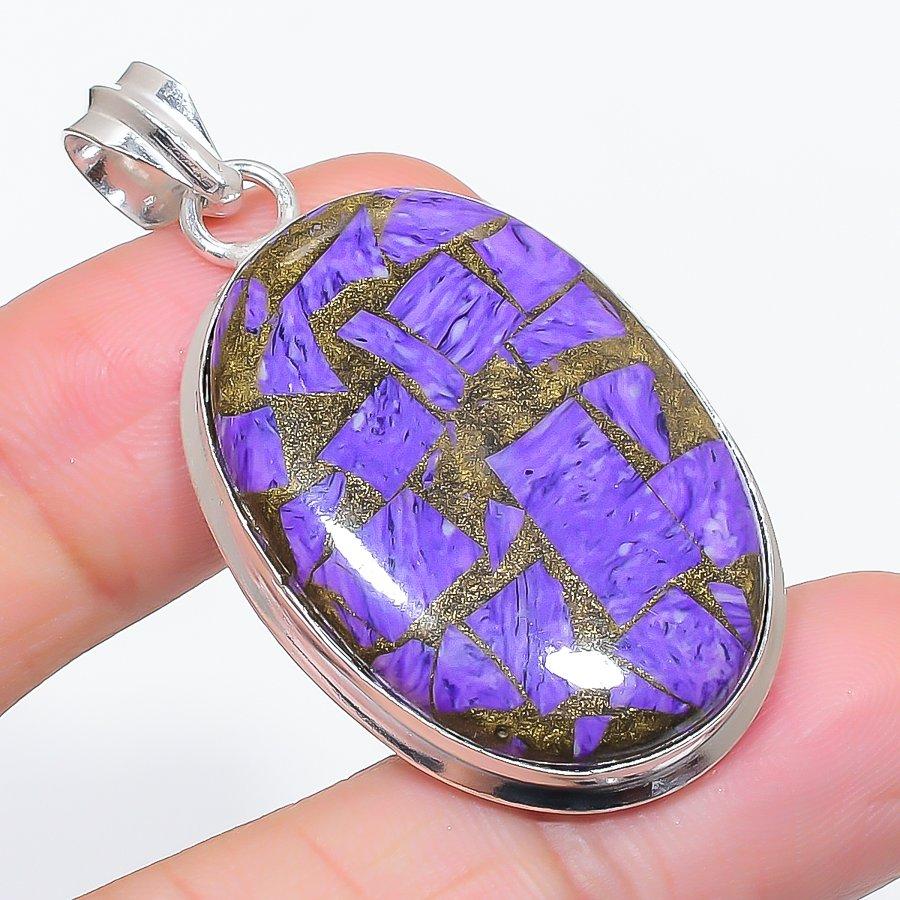 Natural Copper Charoite Gemstone 925 Sterling Silver Jewelry Pendant 1.97" v4J16