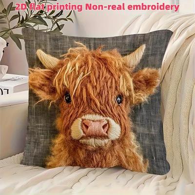 Funda de almohada decorativa 2D con estampado plano de felpa corta ultrasuave de vaca de las Highlands, no bordada, poliéster con estampado de una cara, cierre de cremallera