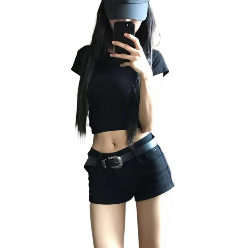 Dámské černé džínové mikro šortky s nízkým pasem - Zvedající zadek, strečové, zeštíhlující horké kalhotky na léto