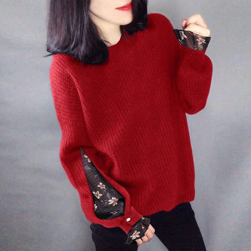 

Осенне-зимний отпуск, двухсекционный шифоновый свитер с рукавами и вышивкой, модный свитер с длинными рукавами XXL красный