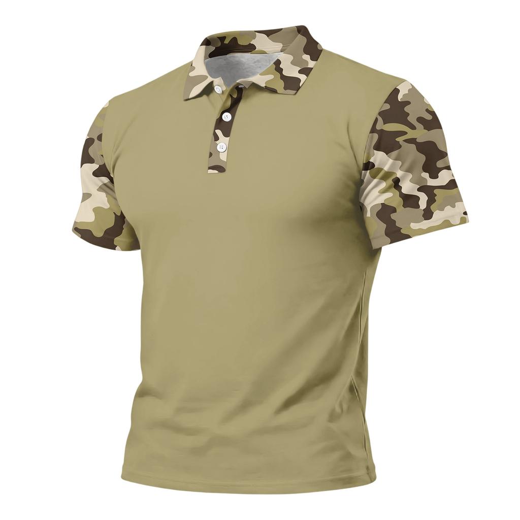 Men's Loose Fit Casual Polo Shirt Short Sleeve Camouflage Print Patchwork Design Button Collar Summer Top