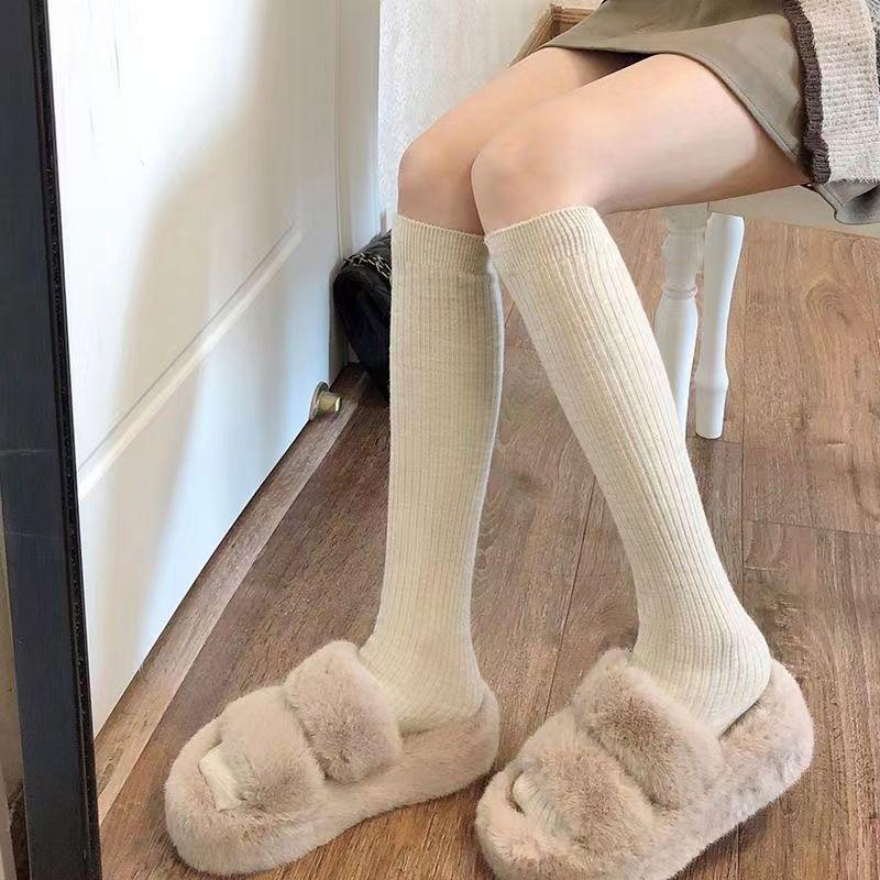 Calf Socks Autumn and Winter Warm Mid-leg Stockings, College Style, Thin Striped Stacked Socks, Solid Color Boot Socks