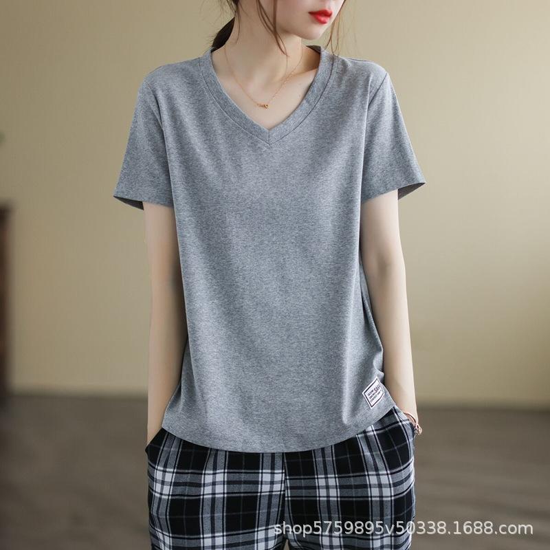 Silk Cotton White Short Sleeved Shoulder T-shirt for Women's Spring/summer V-round Neck Basic Top