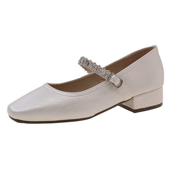 Not tired feet single shoes 2025 new square head shallow mouth rhinestone one-word diamond belt silver low heel flat Mary Jane shoes
