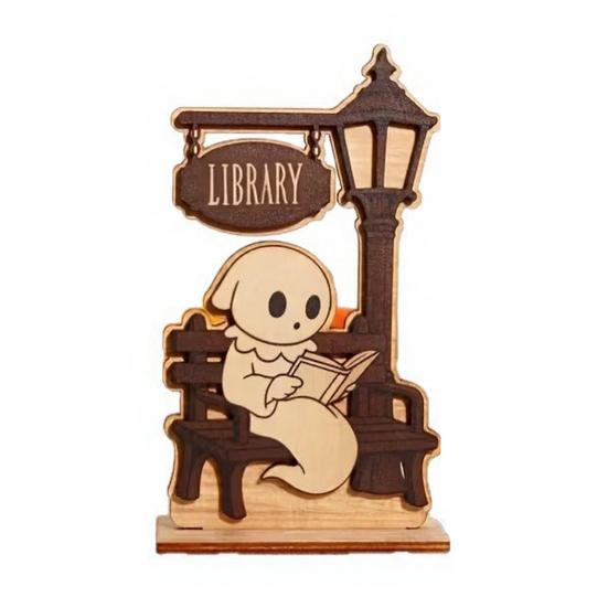 Wooden Ghost Reading Figurine Halloween Ghost Ornament with Street Lamp B
