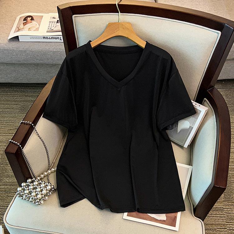 Versatile Slimming V-Neck Quick-Dry Plus Size Women's Top - Summer Short Sleeve, Solid Color, 300 Jin Capacity