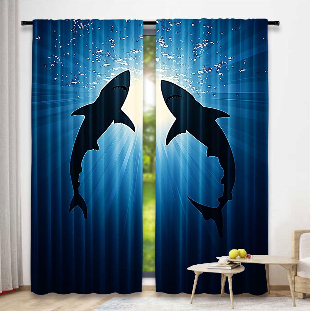 2Pcs Shark Curtains Silhouette Of The Fishes Swimming At Twilight Night Moon Mystic Sea Scenery Living Room Bedroom Window